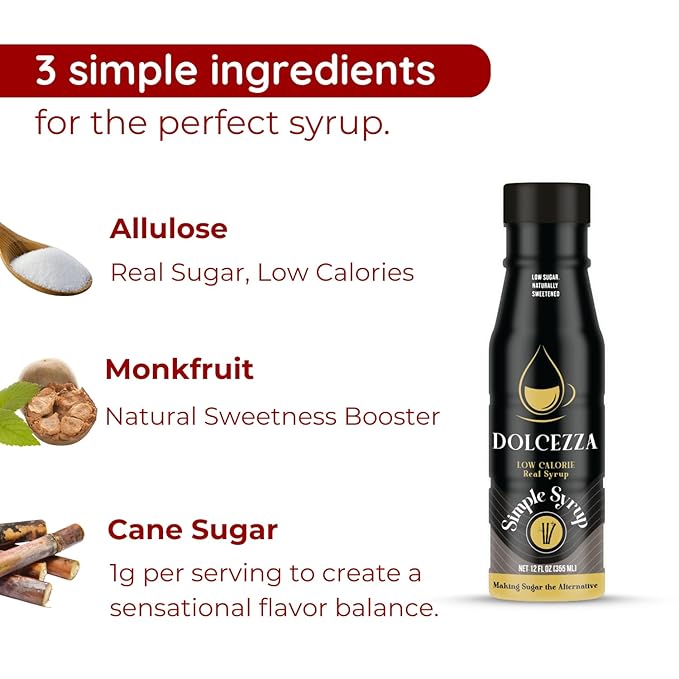 Dolcezza Allulose Simple Syrup, All Natural Low Sugar Sweetener for Coffee, Baking, and Drinks. Keto Friendly Monkfruit Blend. No Stevia or Artificial Sweeteners. No Aftertaste. 12 fl oz