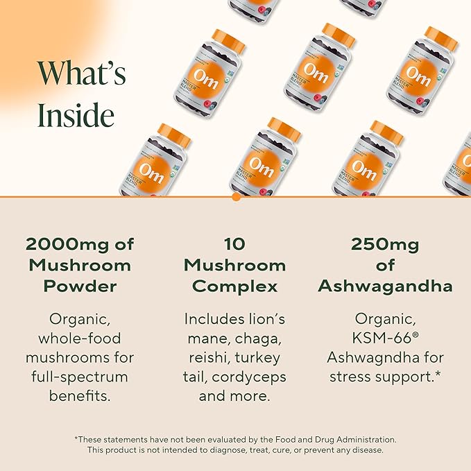 Om Master Blend Mushroom Gummies - Organic Mushroom Supplement with 10 Mushrooms and Ashwagandha ??Support Immunity, Gut Health & Stress Relief, 56 Count (28 Servings), Mixed Berry Flavor