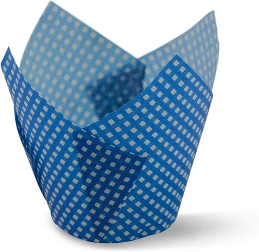 SimpleGood Blue Check Medium Size Tulip Baking Cups Cupcake Liners Muffin Liners Greaseproof Paper 100