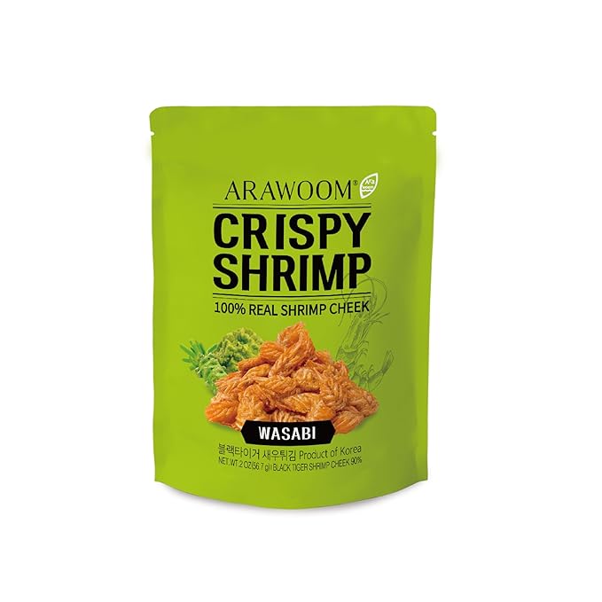ARAWOOM - 100% Real Black Tiger Shrimp Haed Crisps, Wasabi Pack [2oz, Pack of 1], Crispy Seafood Snack, High-Protein Crunch, Crunchy On-the-Go Treat