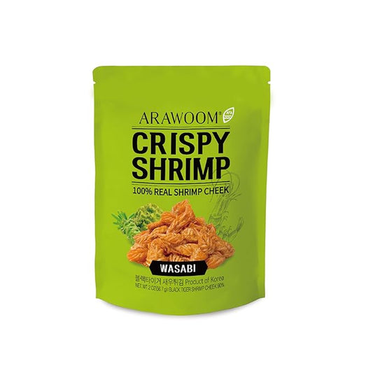 ARAWOOM - 100% Real Black Tiger Shrimp Haed Crisps, Wasabi Pack [2oz, Pack of 1], Crispy Seafood Snack, High-Protein Crunch, Crunchy On-the-Go Treat