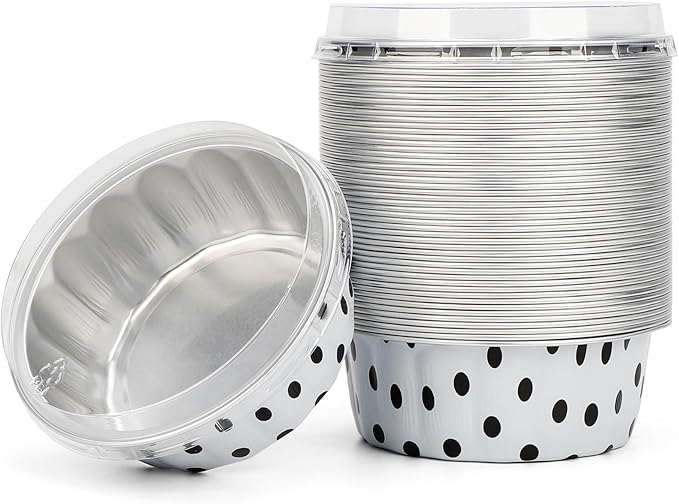 Beasea Disposable Ramekins with Lids, 8oz 50 Pack Black Dot in White Aluminum Foil Cups Disposable Creme Brulee Muffin Cupcake Baking Cup Mini Pudding Cups for Party Wedding Birthday
