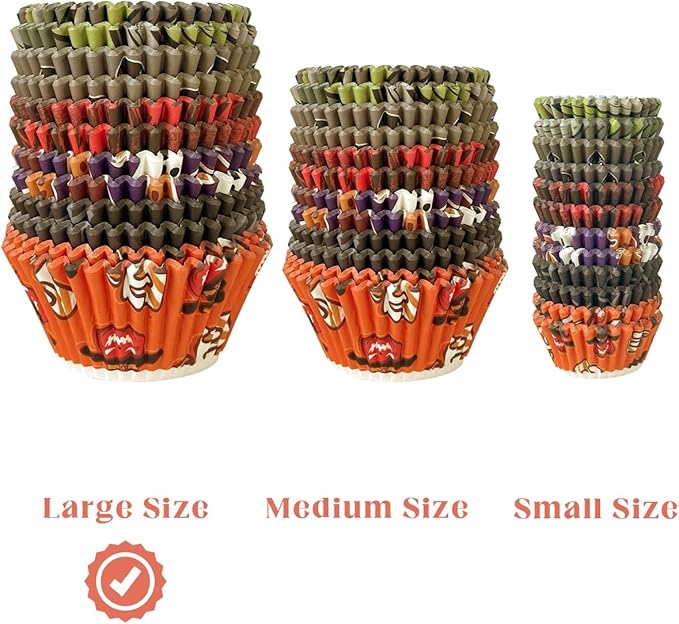 qiqee Halloween Jumbo Cupcake Liners 300PCS Cupcake Liners Cupcake Cups 6 Designs Halloween Red Bat Cupcake Papers Baking Cups Cupcake Wrappers (Large Size)