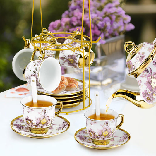 Hebaogugu 20 Pcs Porcelain Tea Set with Metal Holder, European Ceramic Tea Set for Adults, Adult