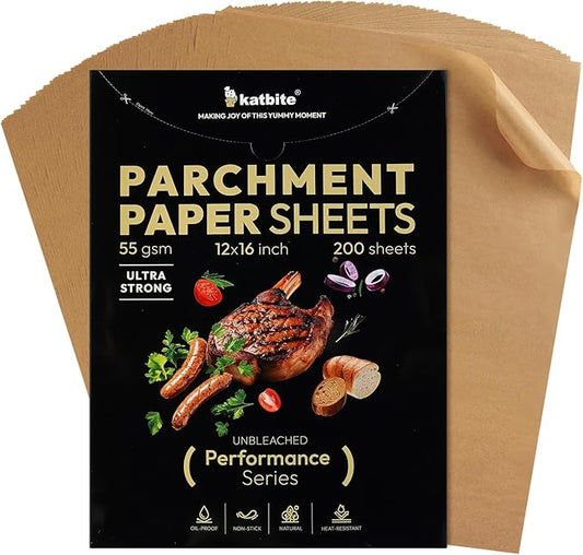 Katbite 200 Pcs Parchment Paper Sheets, 12x16IN Ultra-strong Unbleached Baking Paper Non-Stick for
