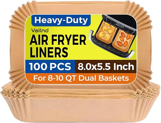Vailnd Air Fryer Liners Disposable for Dual Basket, 100Pcs 8x5.5 Inch Rectangle Air Fryer Paper