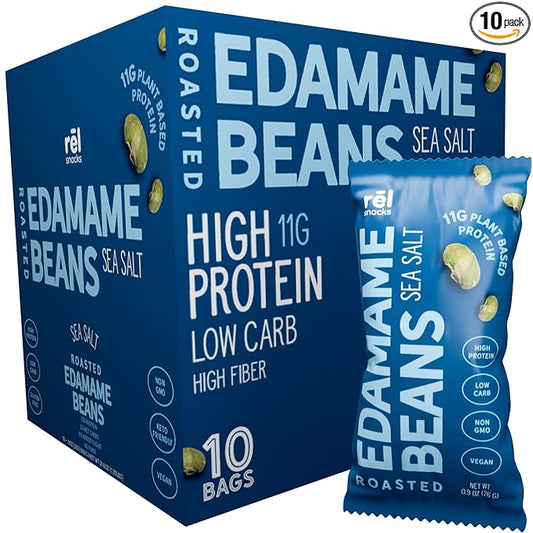R휆l Snacks Sea Salt Roasted Edamame ??High Protein Low Carb Snack (11g Protein per Serving) ??Keto-Friendly, Vegan, Non-GMO ??10-Pack 0.9oz Bags