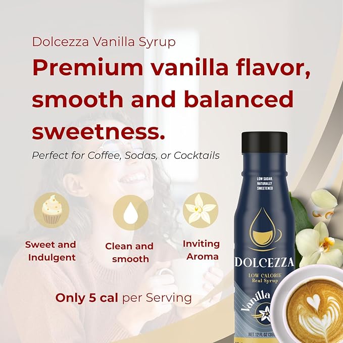 Dolcezza Vanilla Allulose Syrup, All Natural Low Sugar Sweetener for Coffee, Mixed Drinks and Baking. Keto Friendly, Monkfruit Blend, No Artificial Sweeteners, No Stevia Aftertaste. – 12 oz (12 fl oz, Vanilla)