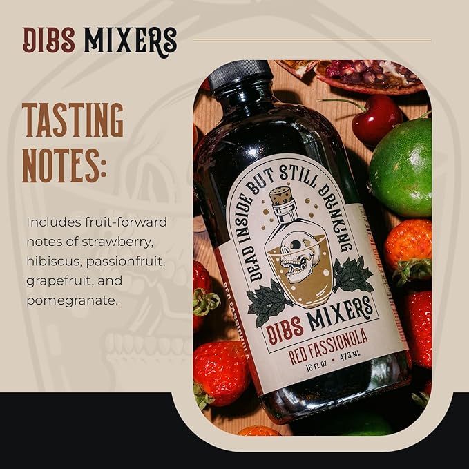 Dibs Mixers Red Fassionola - Tropical Cocktail Syrup with Strawberry, Hibiscus, Passionfruit & More - Mixer for Cocktails & Mocktails - 16oz