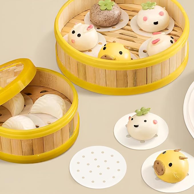 200pcs Air Fryer Liners, 5 inches Bamboo Steamer Liners, Premium Perforated Parchment Steaming Papers, Non-stick Steamer Mat Liner for Air Fryers Baking Cooking Oven