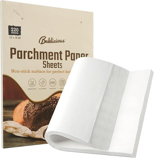 220 Pcs 12x16 In Parchment Paper Sheets, Baklicious Pre-cut Non-Stick Parchment Baking Paper for Air Fryer, Oven, Bakeware, Steaming, Cooking Bread, Cupcake, Meat, Cookies