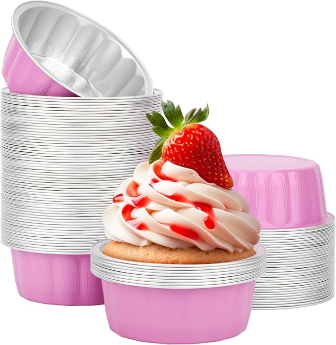 Beasea Aluminum Cups for Baking, 8 oz 100 Pack 3.9" 235ml Disposable Ramekins Bake Ramekin Cup Muffin Cupcake Baking Mini Pudding Cups for Party Wedding Birthday - Pink