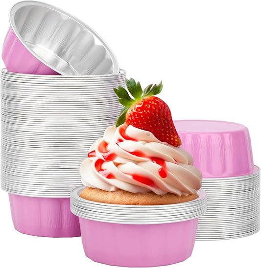 Beasea Aluminum Cups for Baking, 8 oz 100 Pack 3.9" 235ml Disposable Ramekins Bake Ramekin Cup Muffin Cupcake Baking Mini Pudding Cups for Party Wedding Birthday - Pink