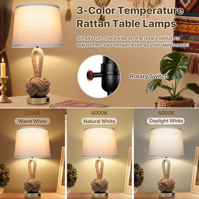 22" Rope Lamps for Night Stands, Bedside Lamps Set of 2, 3-Color Temperatures Boho Lamp with Rotary Switch, Table Lamps for Living Room Bedroom, Rattan Lamp with USB Ports, Bulbs Included