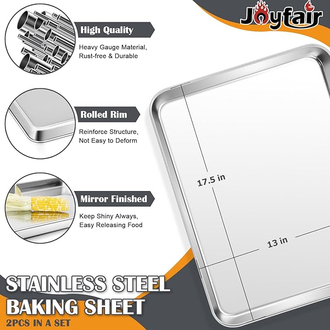 2Pcs Baking Sheet Pan Set, Joyfair Stainless Steel Cookie Sheets, Commercial Metal Pans Toaster Oven Tray Bakeware for Jelly Roll/Bread/Bacon, Heavy Gauge, Rust-free & Dishwasher Safe (17.5 Inch)