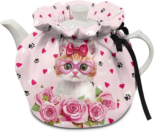Cat Love Heart and Owl Kitchen Tea Pot Protector Cover Decorative Dust Proof Teapot Cover with Insulation Pad to Keep Tea Warm Sturdy Valentine's Day Decor for Home Kitchen