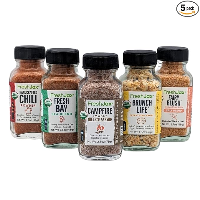 FreshJax Organic Camping Seasoning Gift Set ??5 Sampler Bottles for Grilling & Campfire Cooking ??Non-GMO, Gluten-Free, Keto ??Gourmet Spice Gift Box for Men, Dads, Outdoors & BBQ Lovers