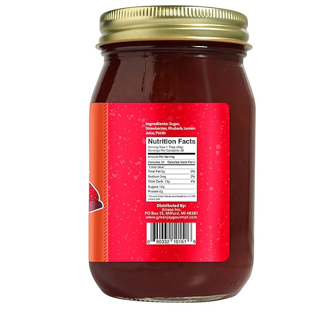 Green Jay Gourmet Strawberry Rhubarb Jam - All-Natural Fruit Jam with Strawberries, Rhubarb & Lemon Juice - Vegan, Gluten-free Strawberry Jam - Contains No Preservatives - Made in USA - 20 Ounces