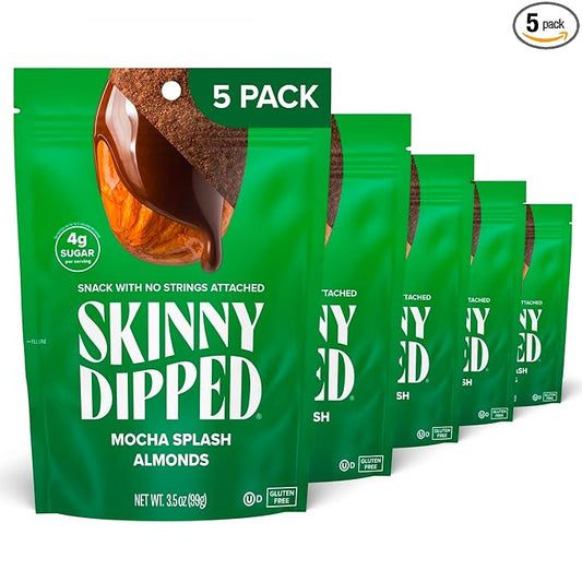 SkinnyDipped Mocha Splash Almonds, Healthy Snack, Plant Protein, Gluten Free, 3.5 oz Resealable Bags, Pack of 5