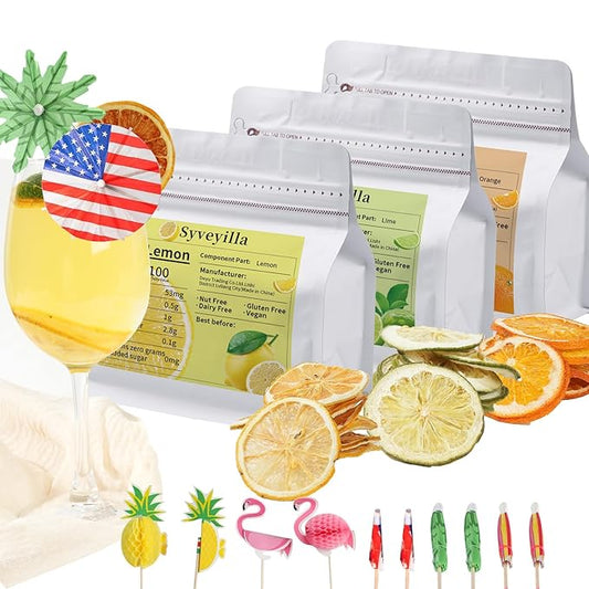 9oz Dehydrated Fruit Slices Cocktail Garnish Set, Featuring Dried Orange, Lime, and Lemon Slices, Plus 10 Pcs Drink Umbrella Picks, Ideal for Baking Party DIY Decorations.
