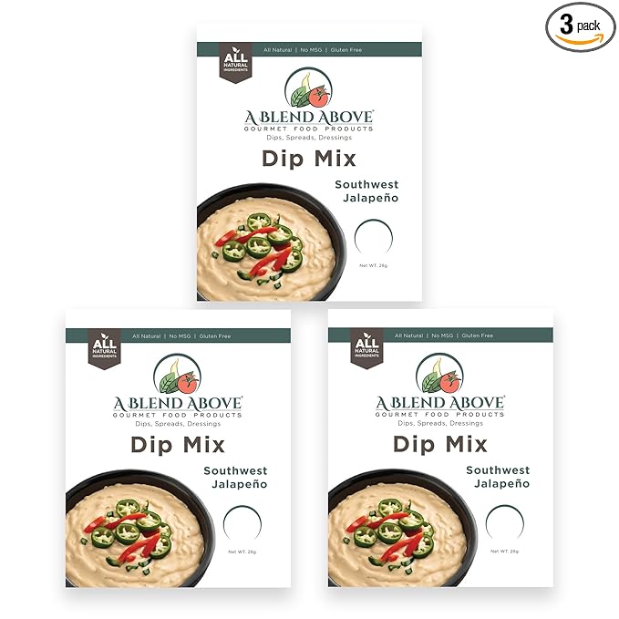 A Blend Above Southwest Jalapeno Dip Mix, 3 Packs, 1 oz. Each, Makes 16 Ounces, Gluten-Free, No MSG, All Natural, No Preservatives, Vegan Friendly, Keto Friendly, Vegetable Dip, Chip Dip, Low Carb, Easy to Make