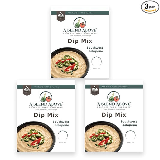A Blend Above Southwest Jalapeno Dip Mix, 3 Packs, 1 oz. Each, Makes 16 Ounces, Gluten-Free, No MSG, All Natural, No Preservatives, Vegan Friendly, Keto Friendly, Vegetable Dip, Chip Dip, Low Carb, Easy to Make