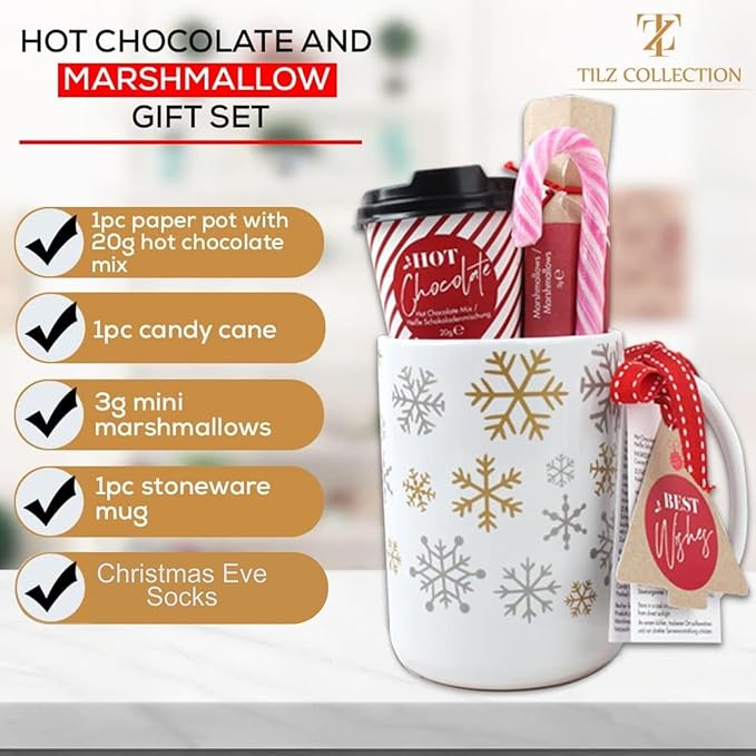 Hot Chocolate Gift Set With Mug - Hot Chocolate Set With Hot Chocolate Sachets - Mini Marshmallows, Candy Canes, Travel Cup - Gifts for Women, Mens Gifts - Vegan Chocolate Gift Set