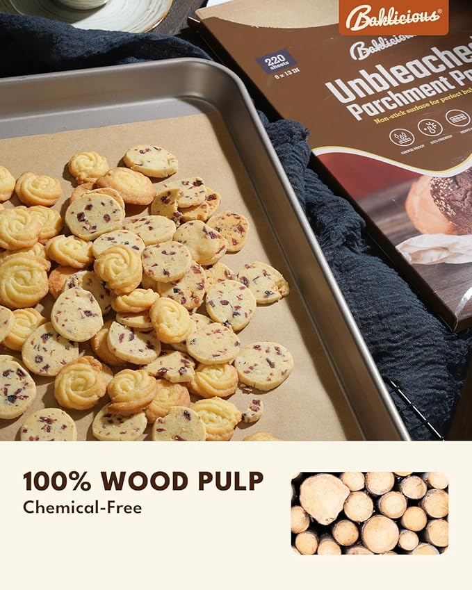 BAKLICIOUS 220 Pcs 9x13 inch Unbleached Parchment Paper Baking Sheets, Baklicious Pre-cut Heavy Duty Parchment Baking Paper for Air Fryer, Oven, Bakeware, Steaming, Cooking Bread, CupCake, Cookies