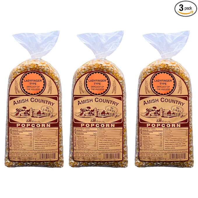 Amish Country Popcorn | 3-1 lb Bags | Ladyfinger Popcorn Kernels | Old Fashioned, Non-GMO and Gluten Free