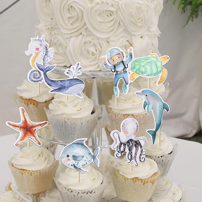 36 Pack Mermaid Cupcake Toppers Under The Sea Octopus Starfish Mermaid Tail Cupcake Picks Jellyfish Seahorse Coral Cupcake Decorations for Baby Shower Under The Sea Birthday Cake Decorations
