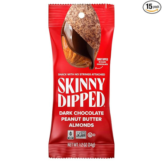 SkinnyDipped Dark Chocolate Peanut Butter Almonds, Chocolate Covered Almonds, Low Sugar, Gluten Free, Healthy Snack, 1.2 Ounce Bags (Pack of 15)
