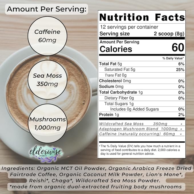 Elderwise Organics Coffee - Latte - Lion's Mane, Chaga, Reishi, Cordyceps, MCT Oil, Coconut Cream & Sea Moss - 12 Servings - Freeze Dried Instant Coffee - Chemical free - Fair Trade