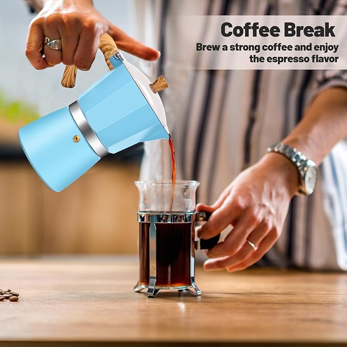 6 Cup Aluminum Moka Pot Classic Stovetop Espresso Coffee Maker 300ml 10oz Coffeemaker Percolator Mocha Pot Greca Coffee Maker Cafe Makers for Italian and Cuban Cafì±?Brewing Blue