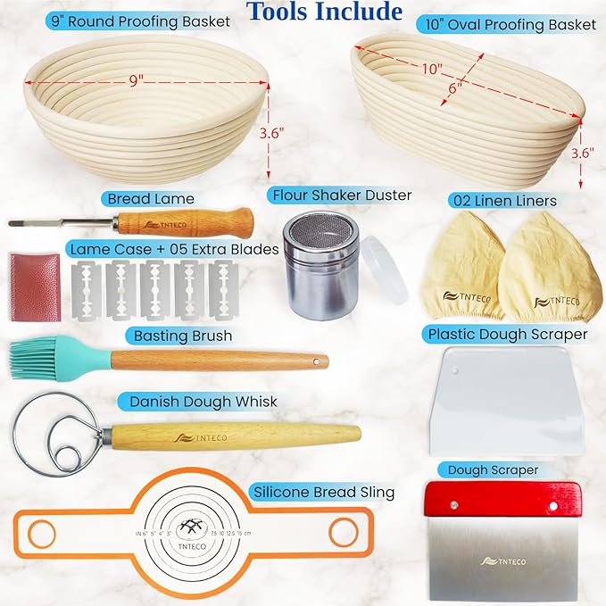 Banneton Bread Proofing Basket, Sourdough Bread Baking Supplies, Sourdough Starter Kit with 9" Round & 10" Oval Banneton Baskets, Silicone Bread Sling, Bread Lame, Scraper, Dough Whisk