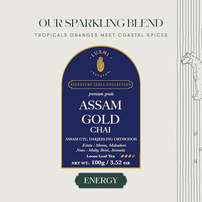 Luxmi Estates Assam Gold Chai | 100 gm | Signature India Collection | CTC Tea | Black tea collection | Organic Strong tea | Antioxidants | Assam Valley tea | Cardamom, Saffron, Cinnamon, Natural Cardamom Extract