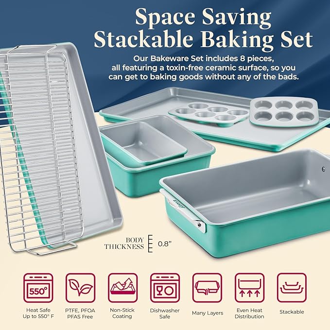 Bakken 8-Piece Stackable Bakeware Set - Ceramic Non-Stick Coating, Baking Sheets, Assorted Baking Pans, PTFE, PFOA & PFOS Free - Healthy Baking, Ergonomic Handles, Cooling Rack, Non-Toxic, Oven-Safe
