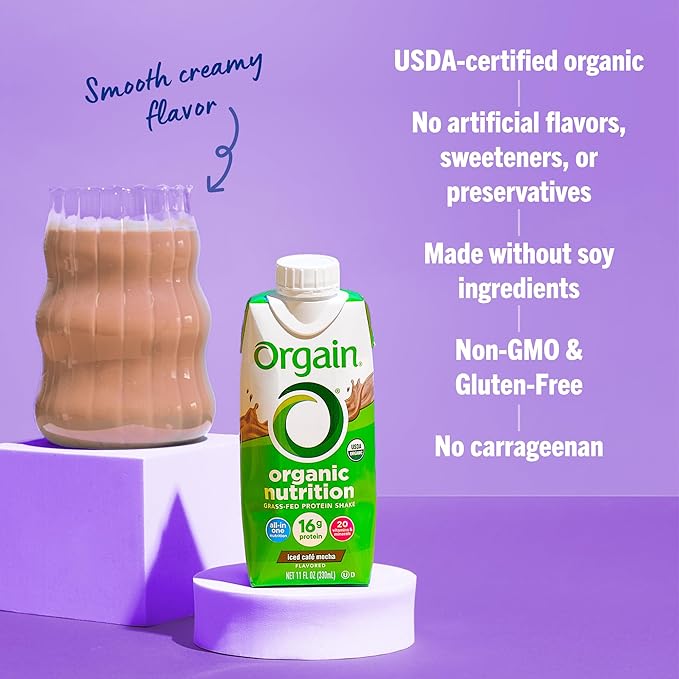 Orgain Organic Nutritional Shake, Iced Cafe Mocha - 16g Protein, 20 Vitamins & Minerals, Gluten Free, Soy Free, Kosher, Non-GMO, 11 Ounce, 12 Count (Packaging May Vary)