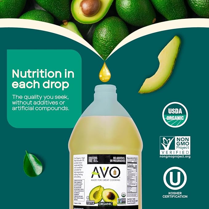 AVO ORGANIC AVOCADO Oil Frying, Baking, Non-stick Saut챕ing, Salads, Vinaigrette, Marinades, Pan Coating, General Cooking 64 Fl-oz (Half a Gallon), NO preservatives added, Naturally Processed