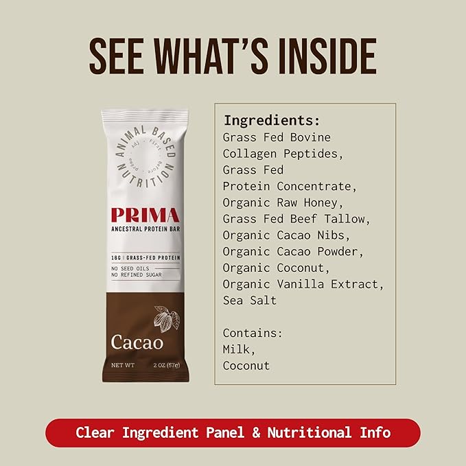 PRIMA ANCESTRAL PROTEIN BAR Grass Fed Protein Bars, 7 Pack ??Animal-Based Protein Bar with Beef Tallow, Raw Honey, Seed Oil Free, Low Carb, Gluten-Free ??Healthy, Energy Snacks for Clean Lifestyle (7 Pack, Cacao)