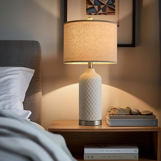 24.25" Single Table Lamp for Bedroom Modern Ceramic Nightstand Lamp White Bedside Lamp Boho Living Room Lamp Farmhouse Bedroom Lamp Side Table Lamp End