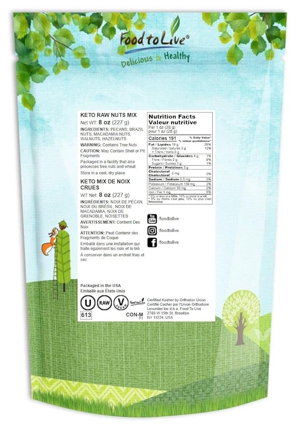 Food to Live Keto Nuts Mix, 8 Ounces ??Keto Snack Contains Raw Brazil Nuts, Pecans, Walnuts, Hazelnuts and Macadamia Nuts, Low Carb Vegan Superfood, Kosher, Non-Irradiated, No Added Sugar, Bulk