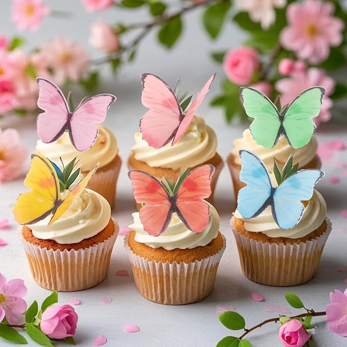 48Pcs Edible Butterfly Cake Decorations, Colorful Wafer Paper Butterflies Cupcake Toppers, Vivid Edible Butterflies for Wedding, Anniversary, Birthday Party Cake Decoration (Mixed Colors)