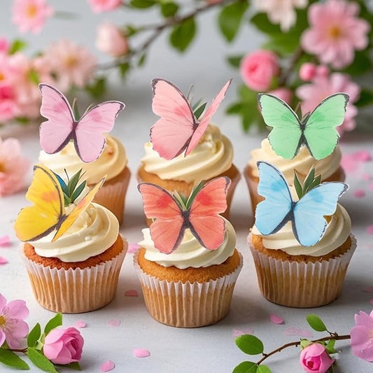 48Pcs Edible Butterfly Cake Decorations, Colorful Wafer Paper Butterflies Cupcake Toppers, Vivid Edible Butterflies for Wedding, Anniversary, Birthday Party Cake Decoration (Mixed Colors)