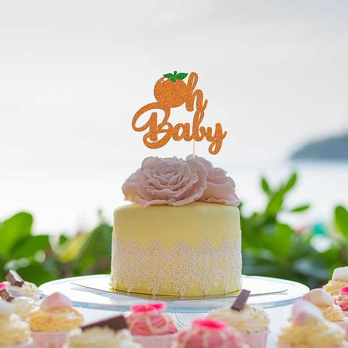 1Pc Little Oh Baby Cake Topper Glitter Orange Cake Pick Citrus Fruit Theme Baby Shower Kids Birthday Party Tangerine Clementine Fruit Party Cupcake Decorations Supplies