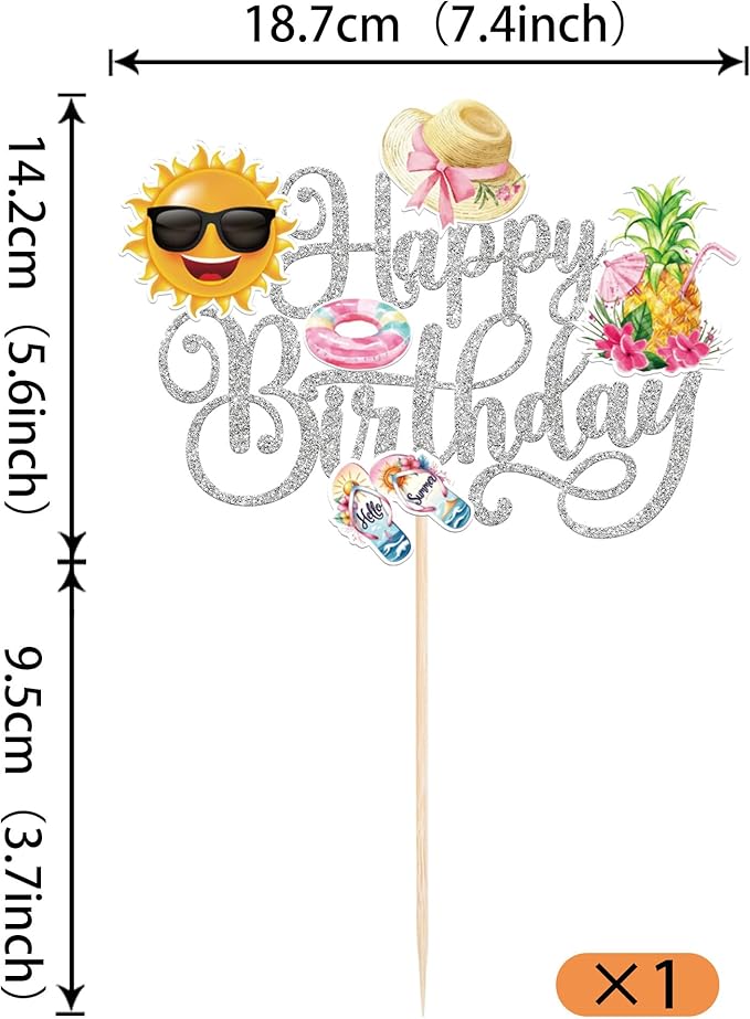 1 PCS Summer Beach Happy Birthday Cake Topper Sun Flip-Flops Pineapple Flatator Hat Cake Pick Pool Hawaiian Baby Shower Decorations for Tropical Luau Birthday Party Cake Decorations Supplies Silver