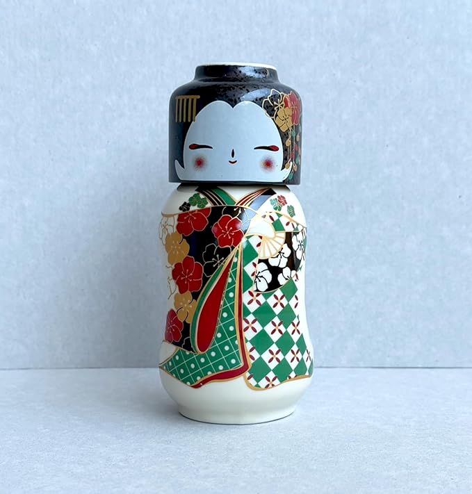 Japanese Traditional Kokeshi Design Sake Wine Soju Ceramic Set with 1 Ochoko Cup and 1 Tokkuri Bottle Gifts (Kokeshi Maiko Sakura)