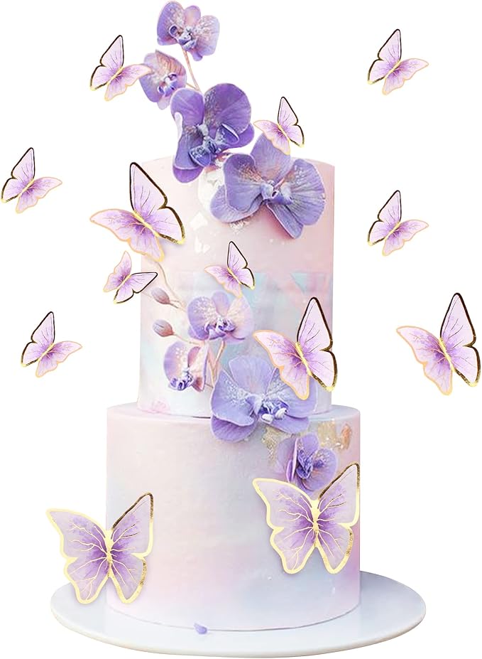 30pcs Purple Gold Edge Mixed Size Lively 3D Waterproof Butterfly Cupcake Topper for Girls Women's Happy Birthday Wedding Party Cake Wall Party Food Decorations