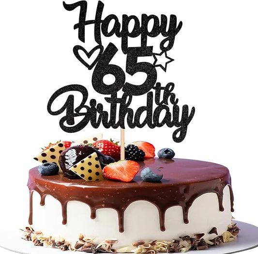 1 Pack Happy 65th Birthday Cake Topper Glitter Heart Star 65 Fabulous Cake Pick Birthday Sign Cake Decorations for Children 65th Birthday Theme Party Supplies Black