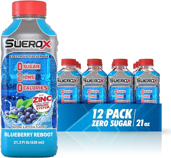 SueroX Sugar Free Sports Drink for Hydration and Recovery, Electrolyte Hydration Drink with 8 Ions, Zero Calorie Sports Drinks, Blueberry Reboot, 21.3 Fl Oz, 12 Count