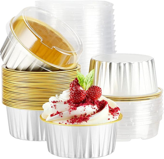 EUSOAR Cupcake Liners with Lids, 30pcs 5oz Disposable Aluminum Foil Ramekins cupcake Baking Cups Containers Wrappers Dessert Cups with Lids, Mini Aluminum Cheesecake Pan Creme Brulee Ramekins
